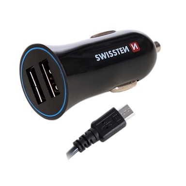 SWISSTEN Auto punjač 2xUSB 2.4A, crni + Micro USB