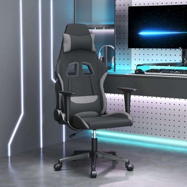 Masažna gaming stolica, crno-svjetlosiva, tkanina, bez naslona za noge