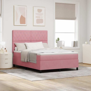 LED Box spring krevet s madracem, 140 x 200 cm, tkanina, ružičasti