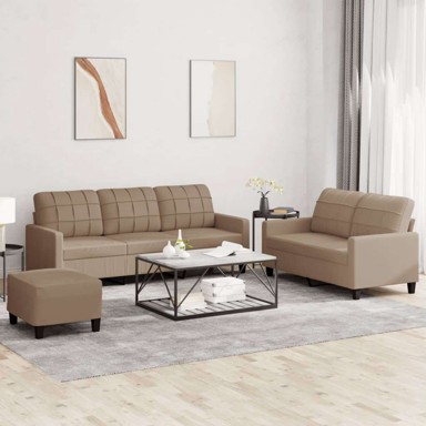 Set sofa 3-dijelni s jastucima i tabureom, umjetna koža, cappuccino