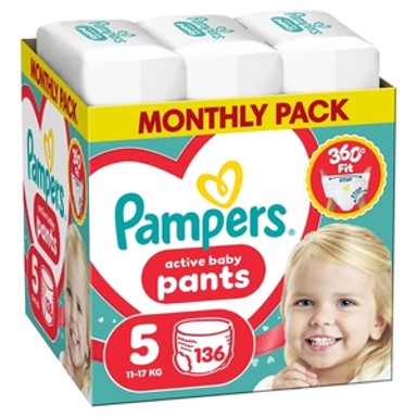 PAMPERS Pelene gaćice, Active Baby Pants, veličina 5, 11–17 kg, 136 kom
