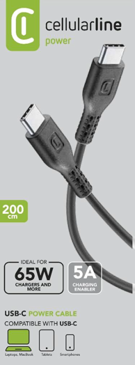 CELLULARLINE Kabel, USB-C na USB-C, 5A, 65W, TAB, 2m, crni