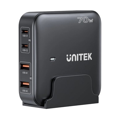 UNITEK Punjač, P1228ABK01-EU, GaN mrežni, 70W, 2x USB-C, 2x USB-A, crni