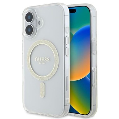 GUESS Glitter Circle MagSafe maskica za Apple iPhone 16, prozirna