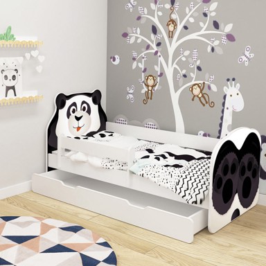 ACMA Dječji krevet Animals, bočna bijela + ladica, 180×80 cm, motiv panda