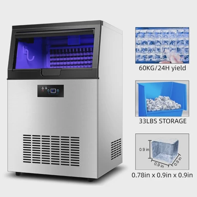 VEVOR Aparat za led, kapacitet 60 kg/24 h, ABS i inox kućište, filter za vodu, plavo LED svjetlo, srebrna