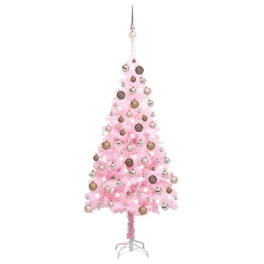 Božićno drvce umjetno, osvijetljeno s kuglicama, rozo, 150 cm, PVC, rose gold kuglice
