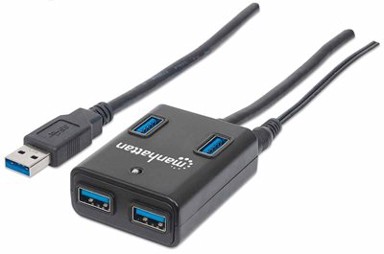 MANHATTAN USB hub, USB-A, 4x USB-A, strujni adapter, crni
