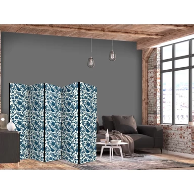 Paravan Ružine loze, Jednobojne plave ptice odmaraju među ružama, 225 x 172 cm