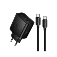 HOCO Punjač N75, 1 x USB-A i 2 x Type-C, Type-C kabel 1 m, GaN, PD, 65 W, crna