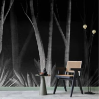 Foto tapeta Šum šume u noći, minimalistički prizor bijelog drveća na crnoj pozadini, 250x175 cm