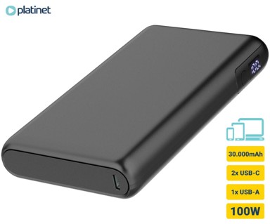 PLATINET Powerbank PMPB30DL301B, 30. 000 mAh, 100W, QC 3. 0, PD 3. 0, USB-A, USB-C, zaslon, crni
