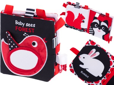 Dječja knjiga, životinje, meka, taktilna, crveno-crna