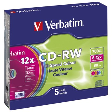 VERBATIM CD-RW medij 43167, 8–12×, 700 MB, slimcase, 5 kom