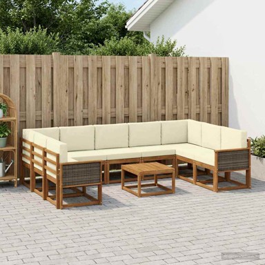 Set vanjskih sofa, 10 pcs, čvrsto drvo akacije, prirodna i krem