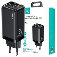 USAMS Mrežni punjač 1xUSB-C+1xUSB T47 65W (samo glava) PD brzo punjenje Super Si crno