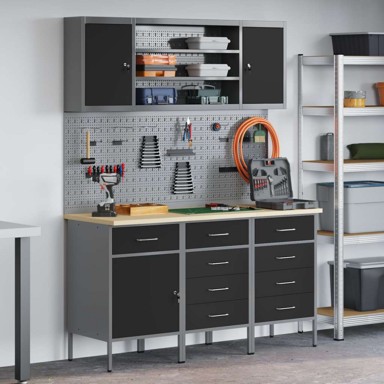 Set radne klupe od 7 dijelova, čelik, crni