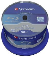 VERBATIM 1x50 BD-R Blu-Ray 25 GB 6x Speed Datalife No-ID Cakebox