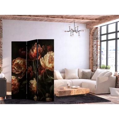 Paravan Veličanstveni tulipani, Buket crvenih i bijelih cvjetova na crnoj pozadini, 135 x 172 cm