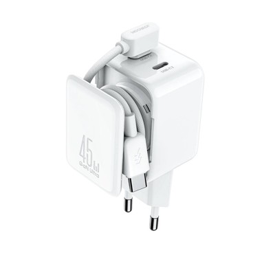 JOYROOM Punjač JR-TCL05, GaN, brzi, zidni, 45W, 2×USB-C, bijeli + organizator kabela