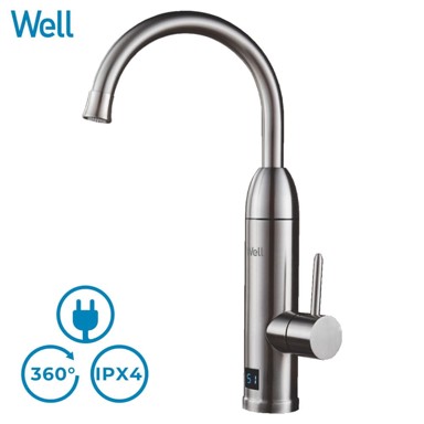WELL Kuhinjska slavina s grijačem Creek, 3000 W, okretni za 360°, nehrđajući čelik, LCD ekran