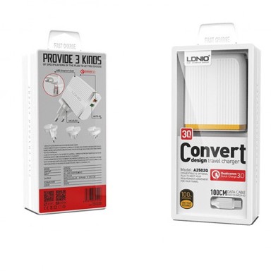 LDNIO Punjač Komplet adapter A2502Q, 220v, 2x USB, 1x QC 3.0, USB C kabel