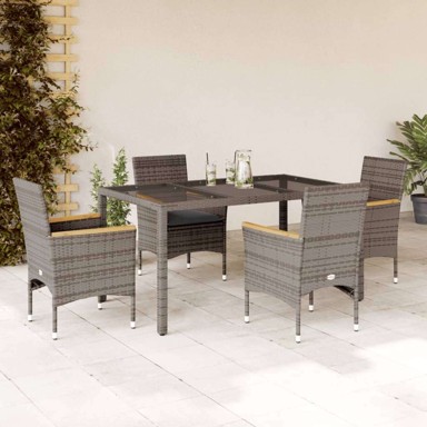 5-dijelni vrtni blagovaonski set s jastucima, poli-ratan i staklo, 150 x 90 x 75 cm, sivi