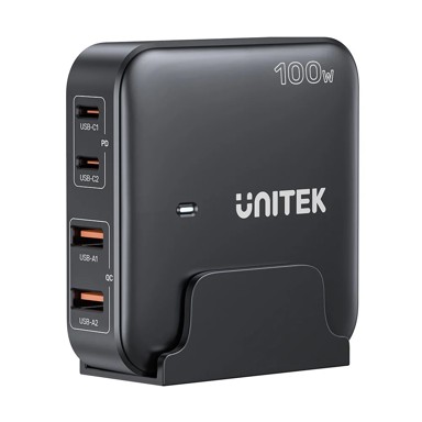 UNITEK Punjač P1229ABK01-EU, GaN, 100W, 2x USB-C + 2x USB-A, crni