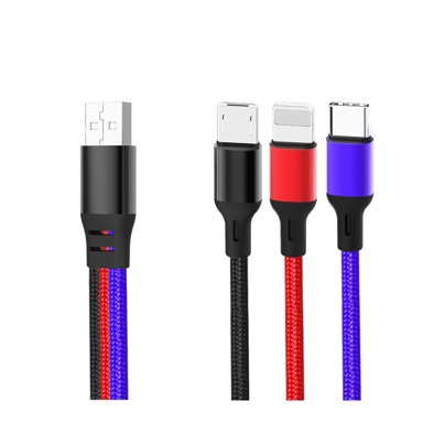 XO Kabel NB143, 3 u 1 Lightning + USB-C + microUSB, 1.2 m, 2.4 A, crna