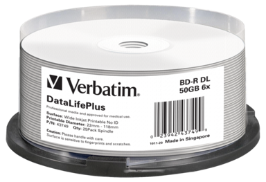 VERBATIM 1x25 BD-R Blu-Ray 50GB 6x Speed printable Cakebox