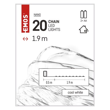 EMOS Božićne lampice Nano, 20LED, 1,9m, 2xAA, CW