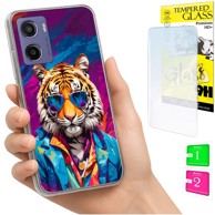 Maskica za Motorola Moto E15 / Moto G05, od umjetne kože, s foto tiskom, s tigrom, sa zaštitnim staklom