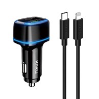 KAKU Auto punjač KSC-540 s USB i USB-C + Lightning/USB-C kabel, crni