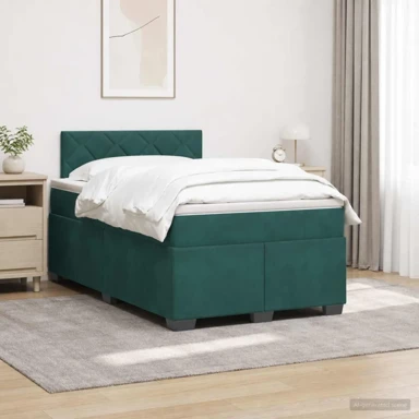 Krevet s box springom, madracem i LED rasvjetom od baršuna 120 x 190 cm, dizajn s rombovima, tamnozeleni