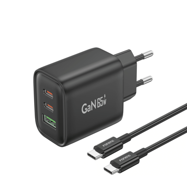 FONENG Punjač GaN, zidni, 65W, 2×USB-C + USB-A + kabel, crni