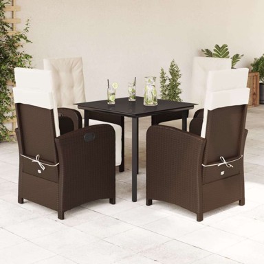 5-dijelni vrtni blagovaonski set s jastucima, poli-ratan, dužina stola 80 cm, okrugla noga, smeđi