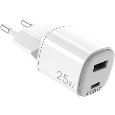 CELLY Kućni punjač GaN 25W, USB-C PD + USB-A, bijela