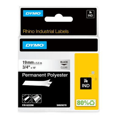 DYMO RHINO trajna poliesterska traka 622290 D1, 19 mm x 5,5 m, crna na prozirnoj