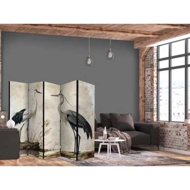 Paravan Ptice sa stare grafike, ilustracija u vintage stilu s čapljom i ždralom, 225x172 cm, akustični