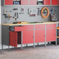 Radni ormarić set 4 kom drvo i čelik, crveno-sivi