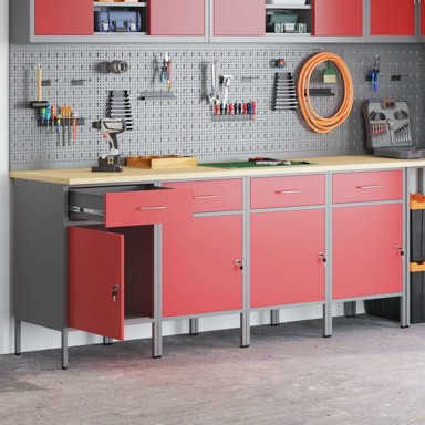 Radni ormarić set 4 kom drvo i čelik, crveno-sivi