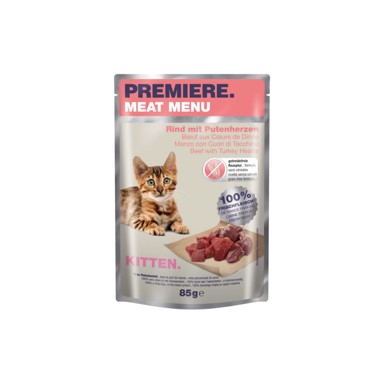 PREMIERE Hrana za mačke Meat Menu Kitten, govedina i pureća srca, 85 g