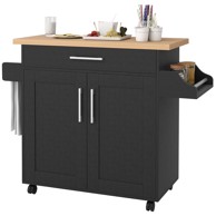 Kuhinjska kolica s radnom pločom, kuhinjski otok na kotačima s ladicom i podesivom policom, prirodna i crna