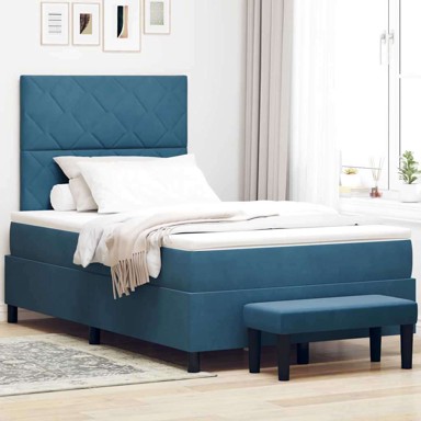 Box spring krevet 120x190 cm baršun, dizajn dijamantnih blokova, tamno plava