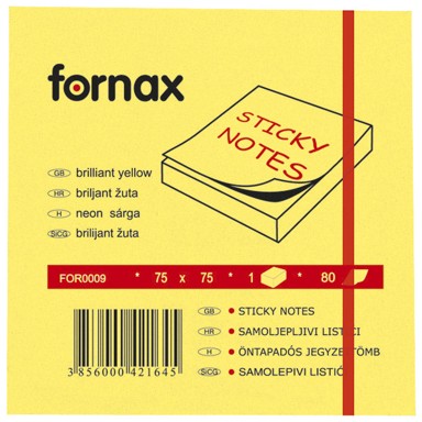 FORNAX Samoljepljivi blok, 75 x 75 mm, 80 listova, neon žuti