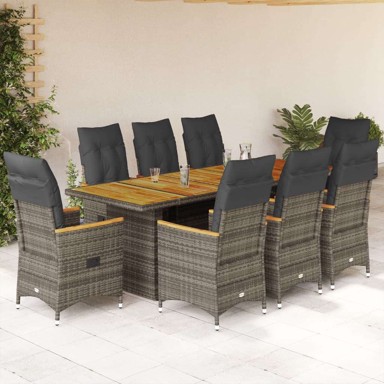 Vrtni bistro set, 9 kom, bez naslona za noge, poliratan, s jastucima, siva, 9 kom