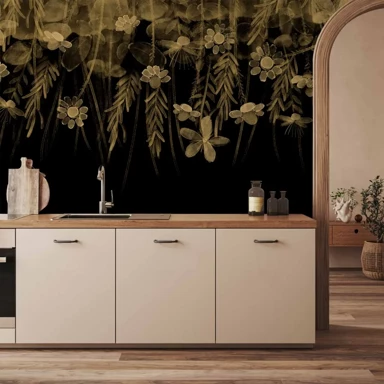 Foto tapeta Prizor prirode, crni apstraktni motiv prirode s cvijećem u sepia tonu, 500x350 cm