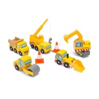 Set građevinskih vozila, 5 vozila + 2 čunja, drvo, 3+