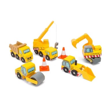 Set građevinskih vozila, 5 vozila + 2 čunja, drvo, 3+