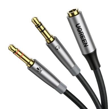 UGREEN AUX razdjelni kabel 3,5 mm ženski – 2x 3,5 mm muški, 20 cm, crni